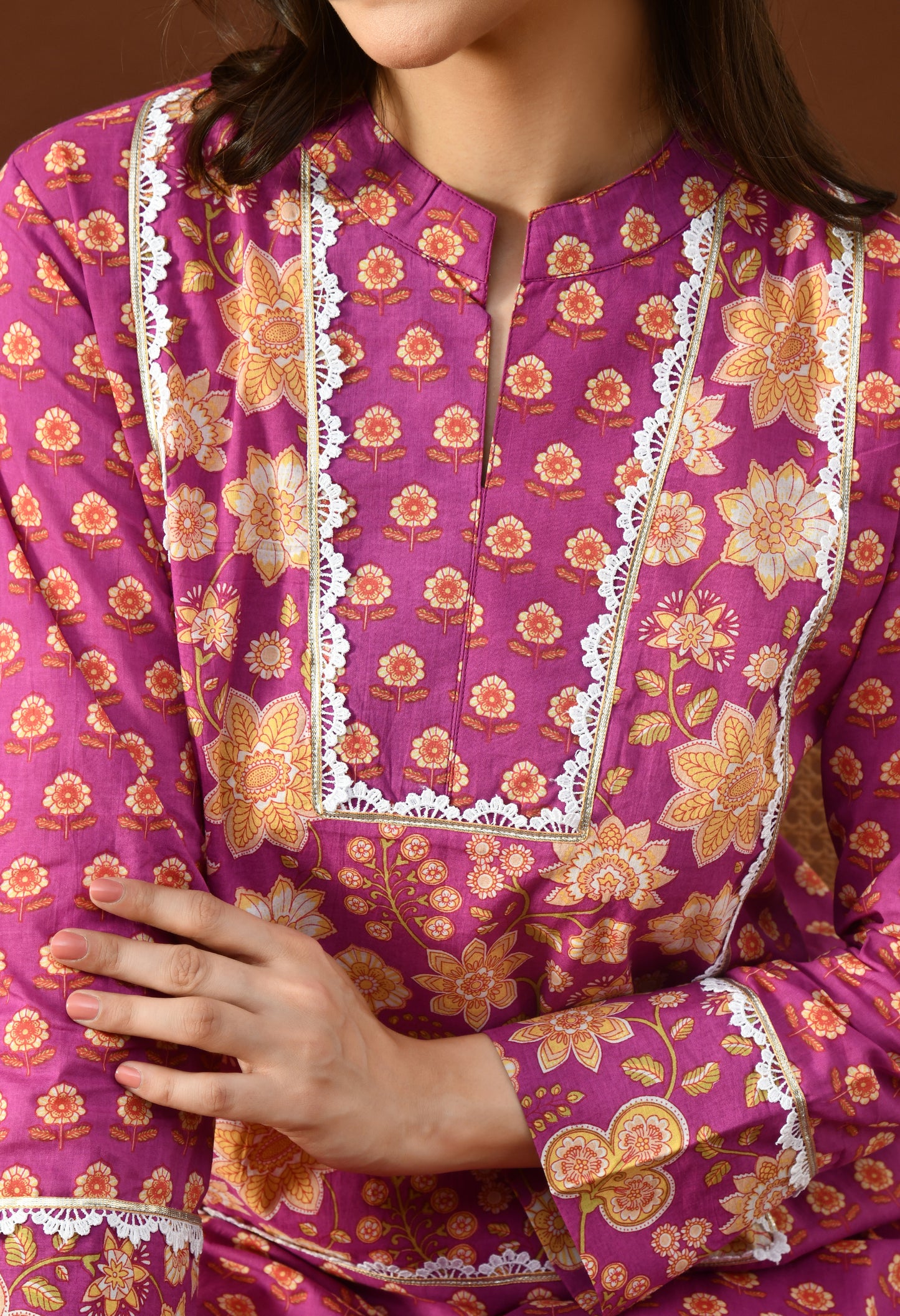 Royal Magenta & Gold Floral Block Print Farshi Salwar Set