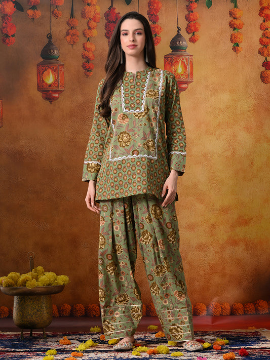 Olive Green Floral Handblock Print Cotton Farshi Salwar Suit Set