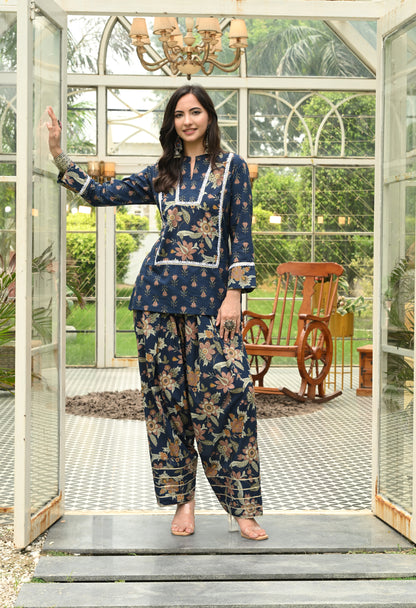 Navy Blossom Cotton Farshi Salwar Co-ord Set