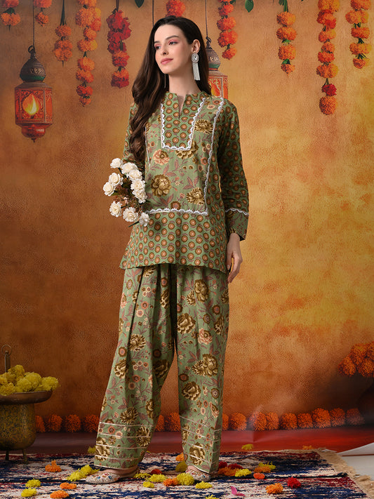 Olive Green Floral Handblock Print Cotton Farshi Salwar Suit Set
