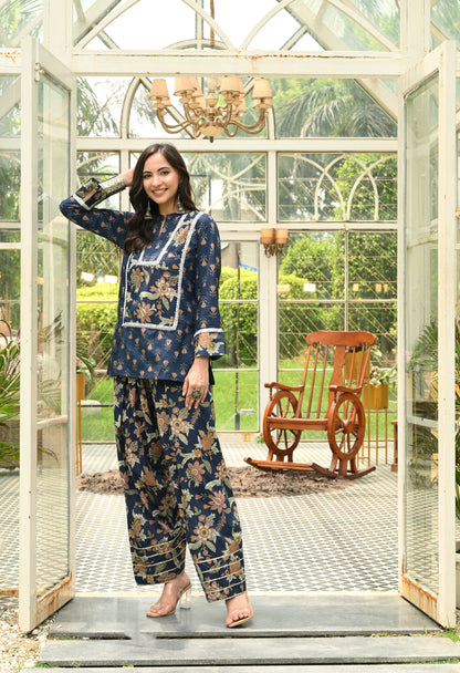 Navy Blossom Cotton Farshi Salwar Co-ord Set
