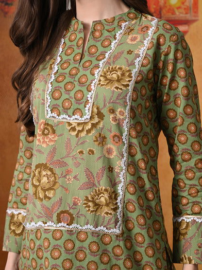 Olive Green Floral Handblock Print Cotton Farshi Salwar Suit Set