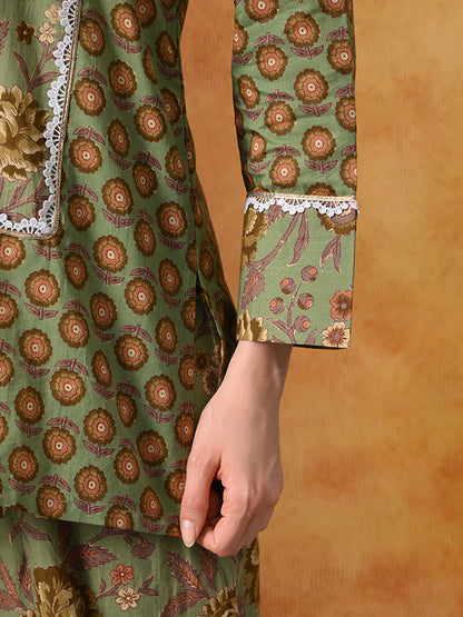 Olive Green Floral Handblock Print Cotton Farshi Salwar Suit Set