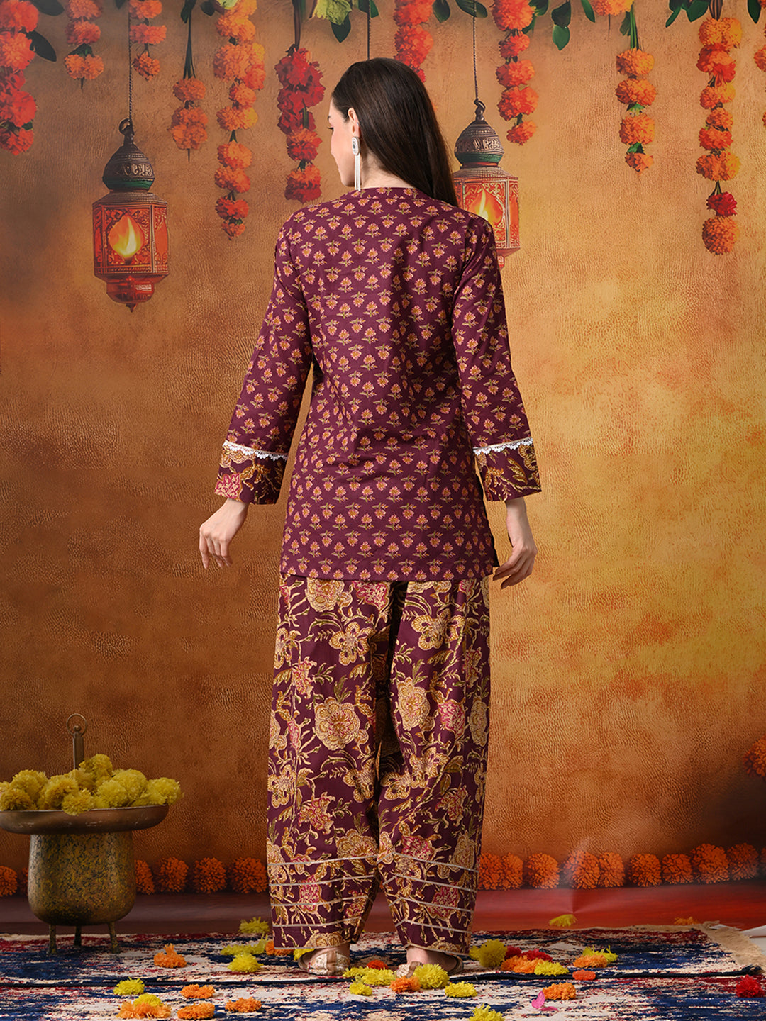Plum & Mustard Floral Print Cotton Farshi Salwar Suit Set