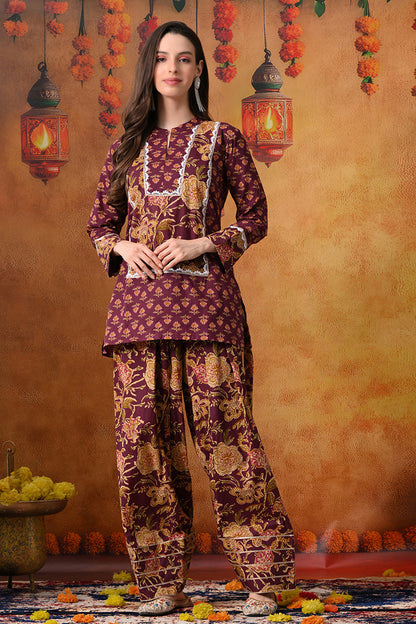 Plum & Mustard Floral Print Cotton Farshi Salwar Suit Set