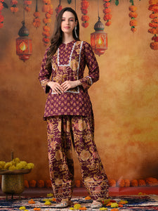 Plum & Mustard Floral Print Cotton Farshi Salwar Suit Set