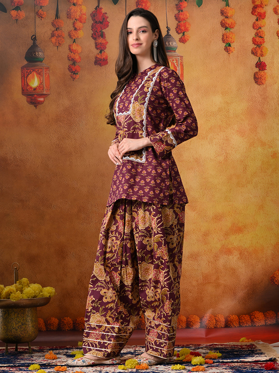 Plum & Mustard Floral Print Cotton Farshi Salwar Suit Set