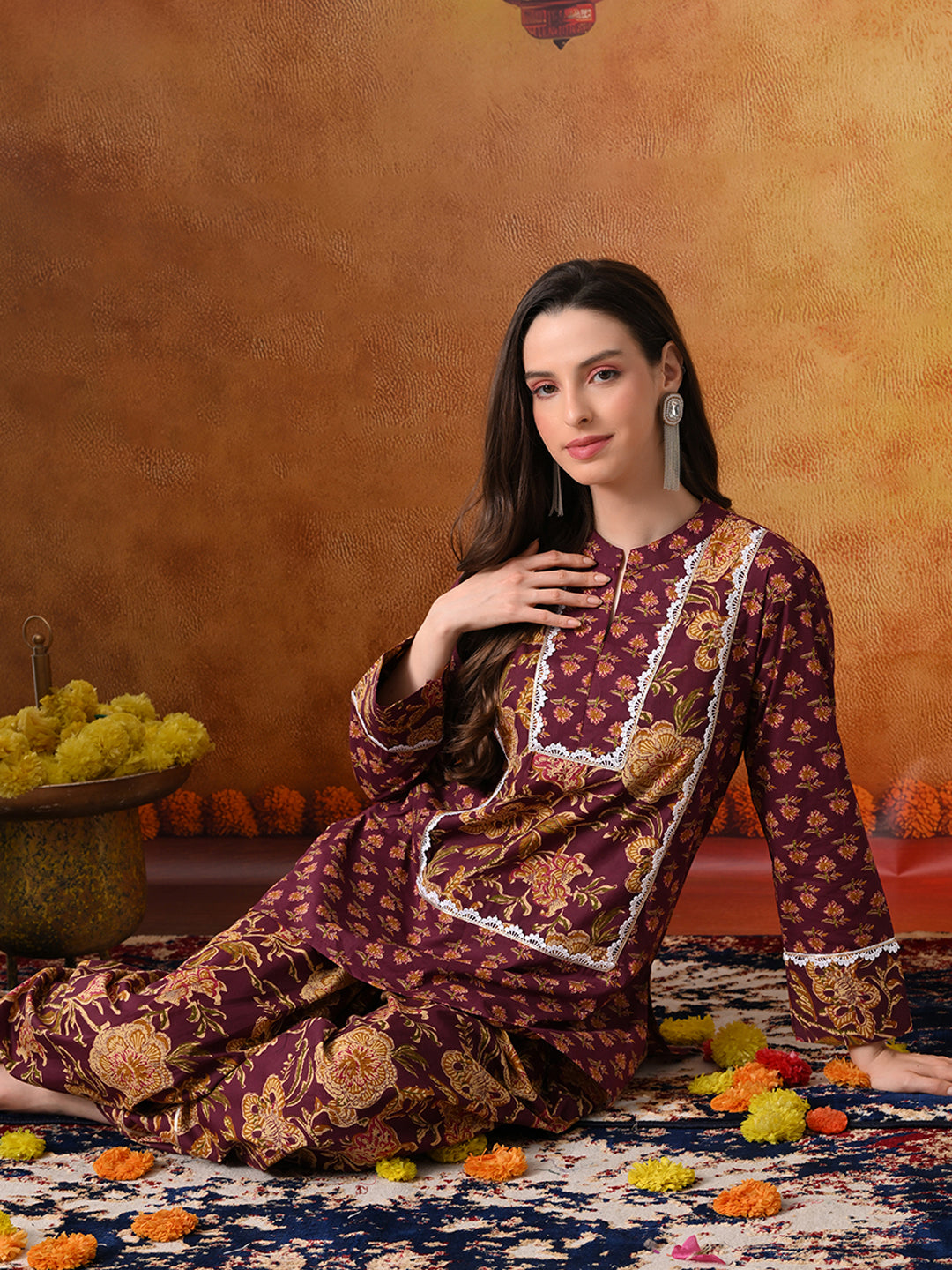 Plum & Mustard Floral Print Cotton Farshi Salwar Suit Set