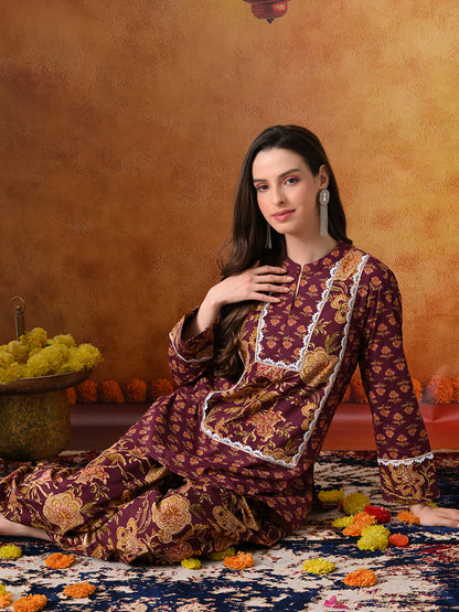 Plum & Mustard Floral Print Cotton Farshi Salwar Suit Set
