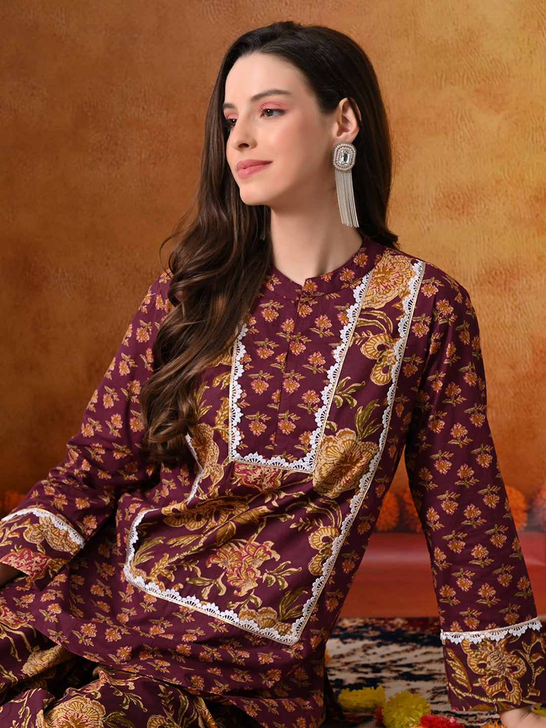 Plum & Mustard Floral Print Cotton Farshi Salwar Suit Set