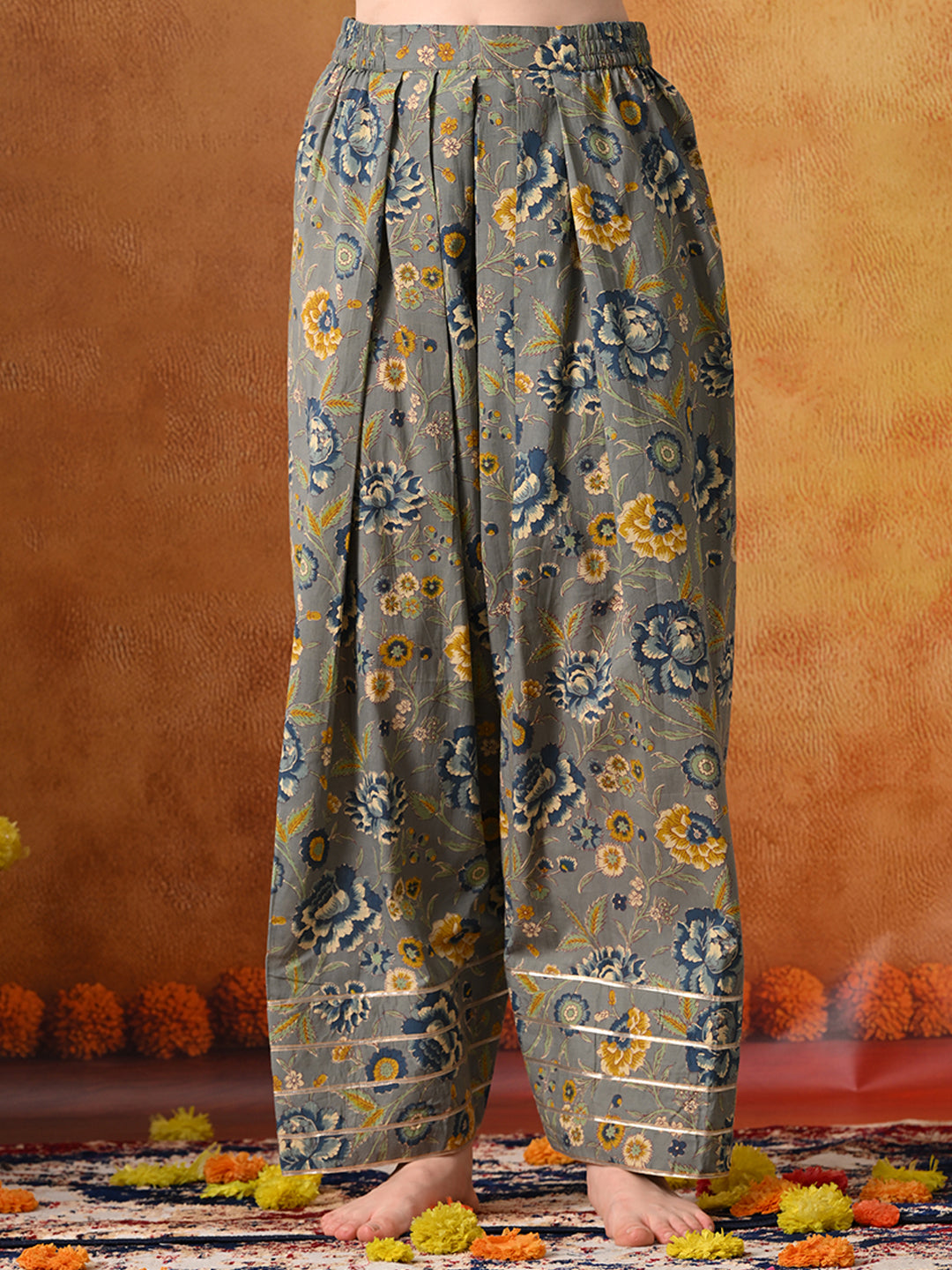 Slate Grey & Indigo Floral Print Cotton Farshi Salwar Suit Set