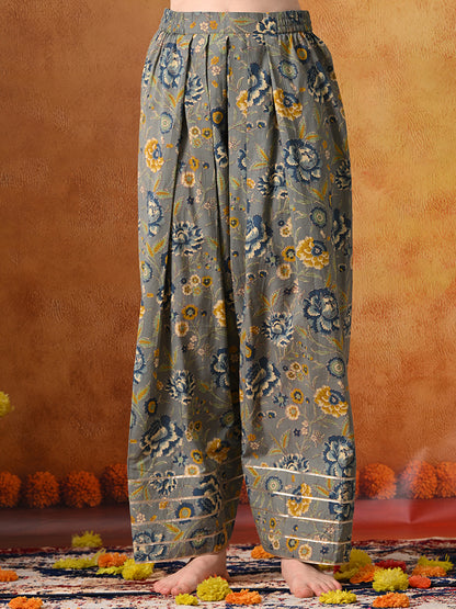 Slate Grey & Indigo Floral Print Cotton Farshi Salwar Suit Set