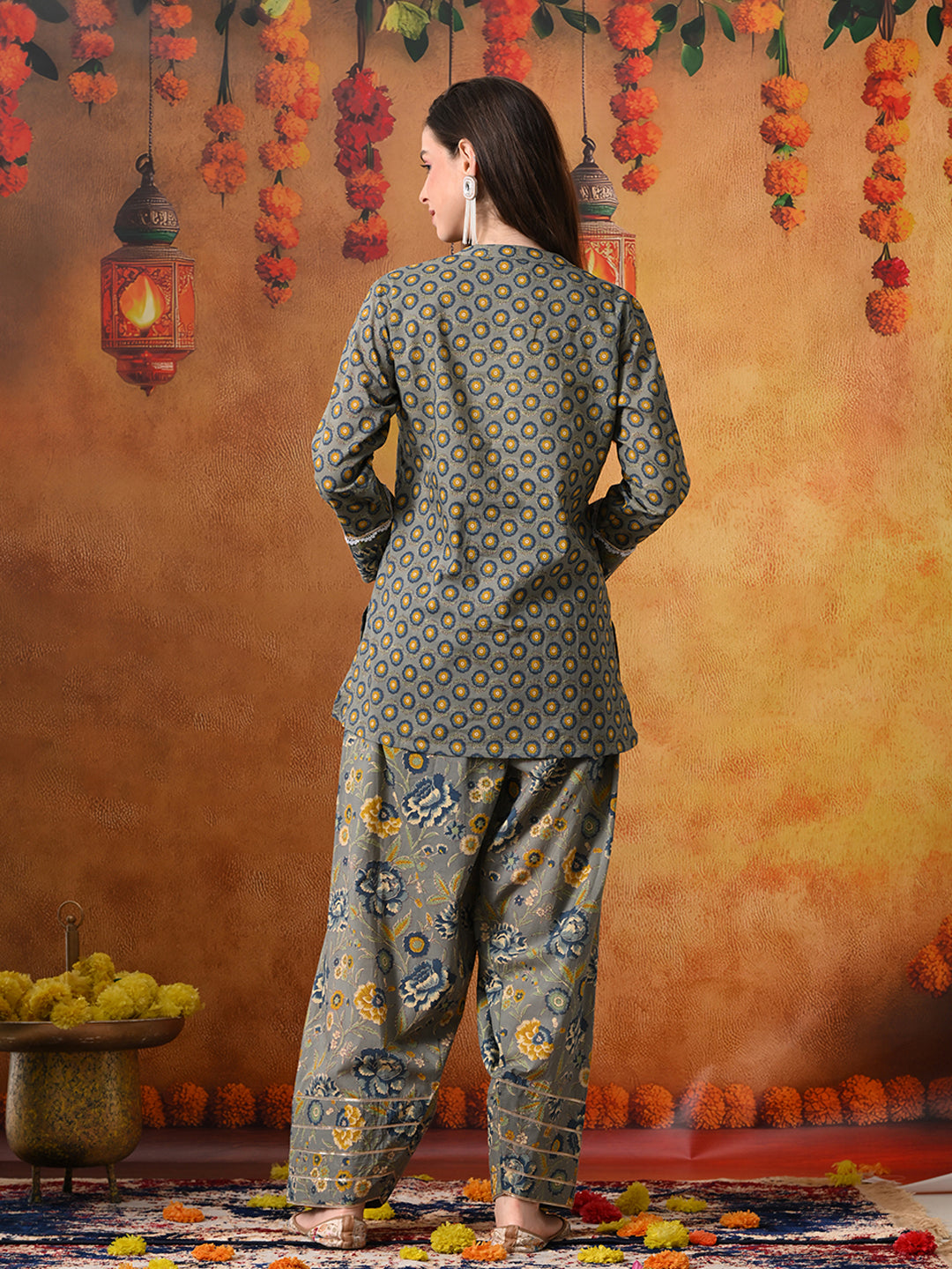 Slate Grey & Indigo Floral Print Cotton Farshi Salwar Suit Set