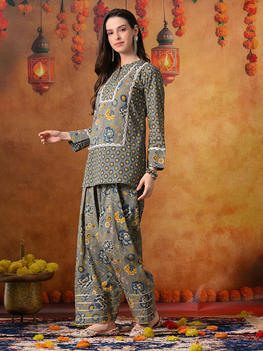 Slate Grey & Indigo Floral Print Cotton Farshi Salwar Suit Set