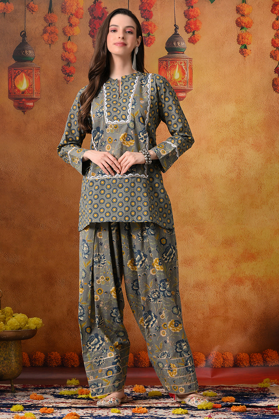 Slate Grey & Indigo Floral Print Cotton Farshi Salwar Suit Set