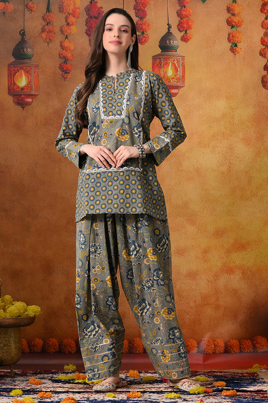 Slate Grey & Indigo Floral Print Cotton Farshi Salwar Suit Set
