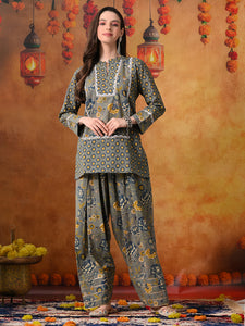 Slate Grey & Indigo Floral Print Cotton Farshi Salwar Suit Set