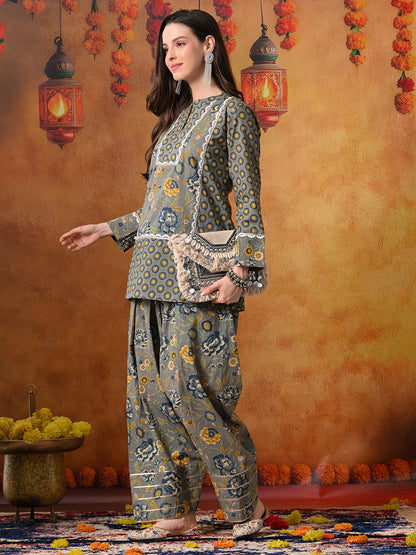 Slate Grey & Indigo Floral Print Cotton Farshi Salwar Suit Set