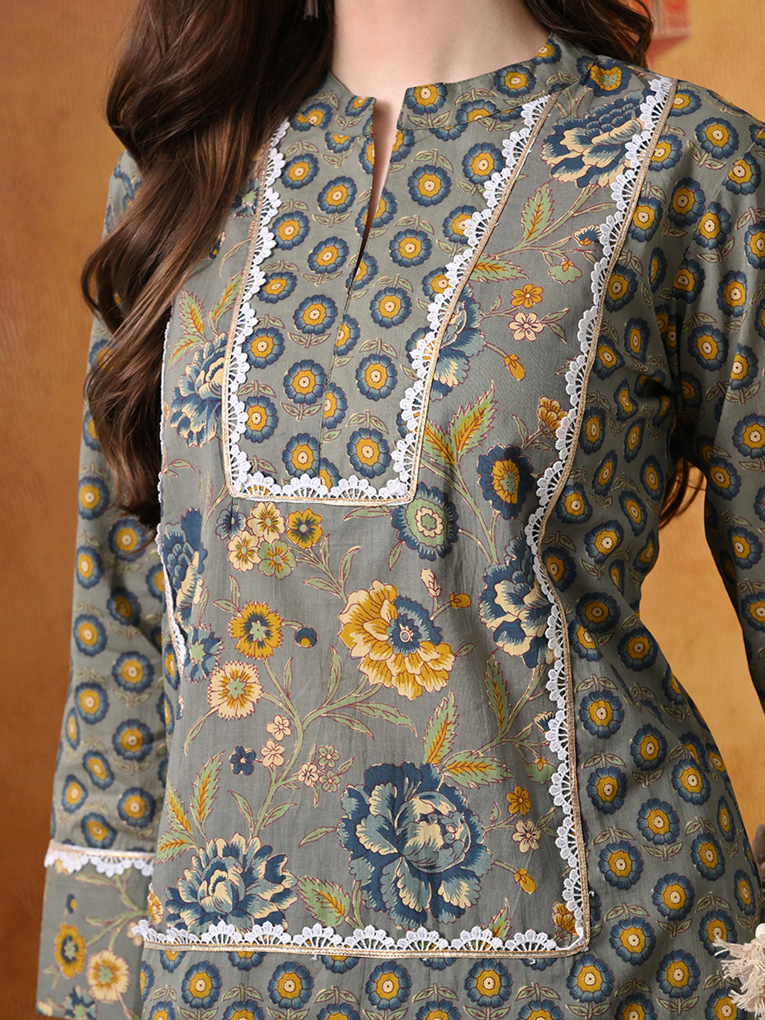 Slate Grey & Indigo Floral Print Cotton Farshi Salwar Suit Set