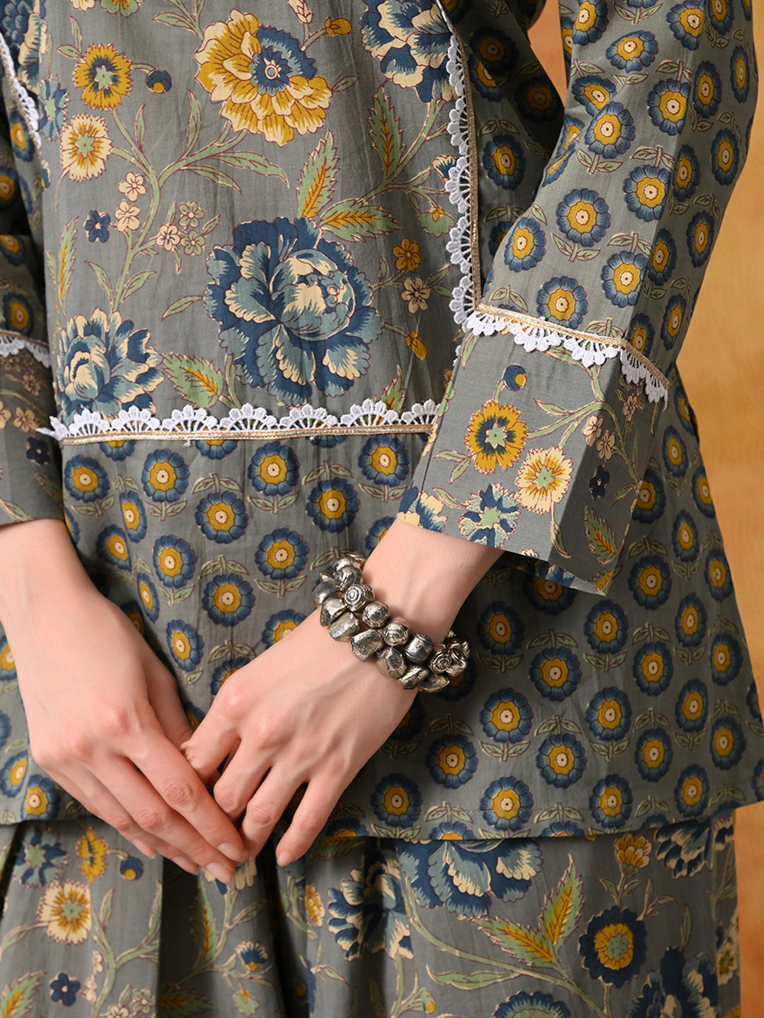 Slate Grey & Indigo Floral Print Cotton Farshi Salwar Suit Set