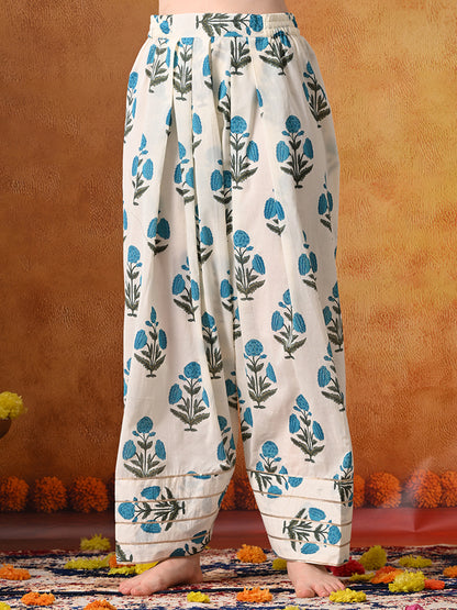 Ivory & Teal Floral Print Cotton Farshi Salwar Suit Set