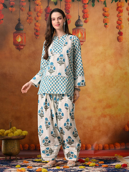 Ivory & Teal Floral Print Cotton Farshi Salwar Suit Set