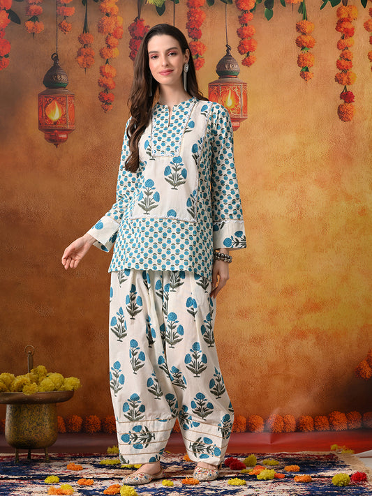Ivory & Teal Floral Print Cotton Farshi Salwar Suit Set