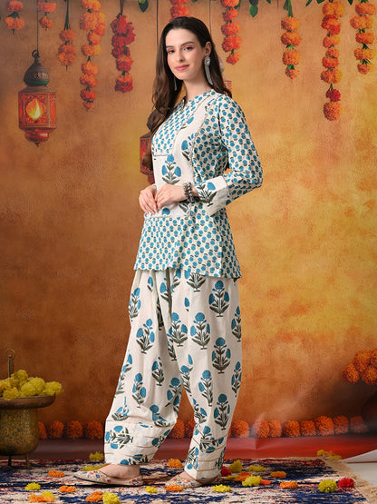 Ivory & Teal Floral Print Cotton Farshi Salwar Suit Set