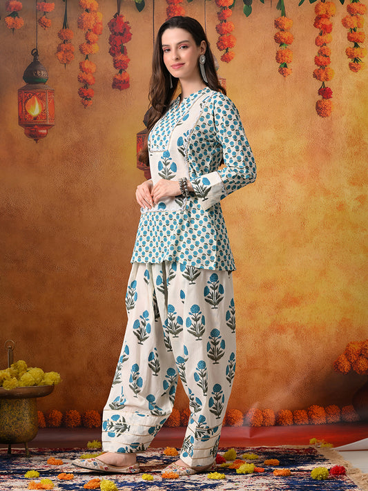 Ivory & Teal Floral Print Cotton Farshi Salwar Suit Set