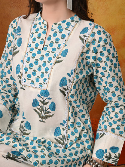 Ivory & Teal Floral Print Cotton Farshi Salwar Suit Set