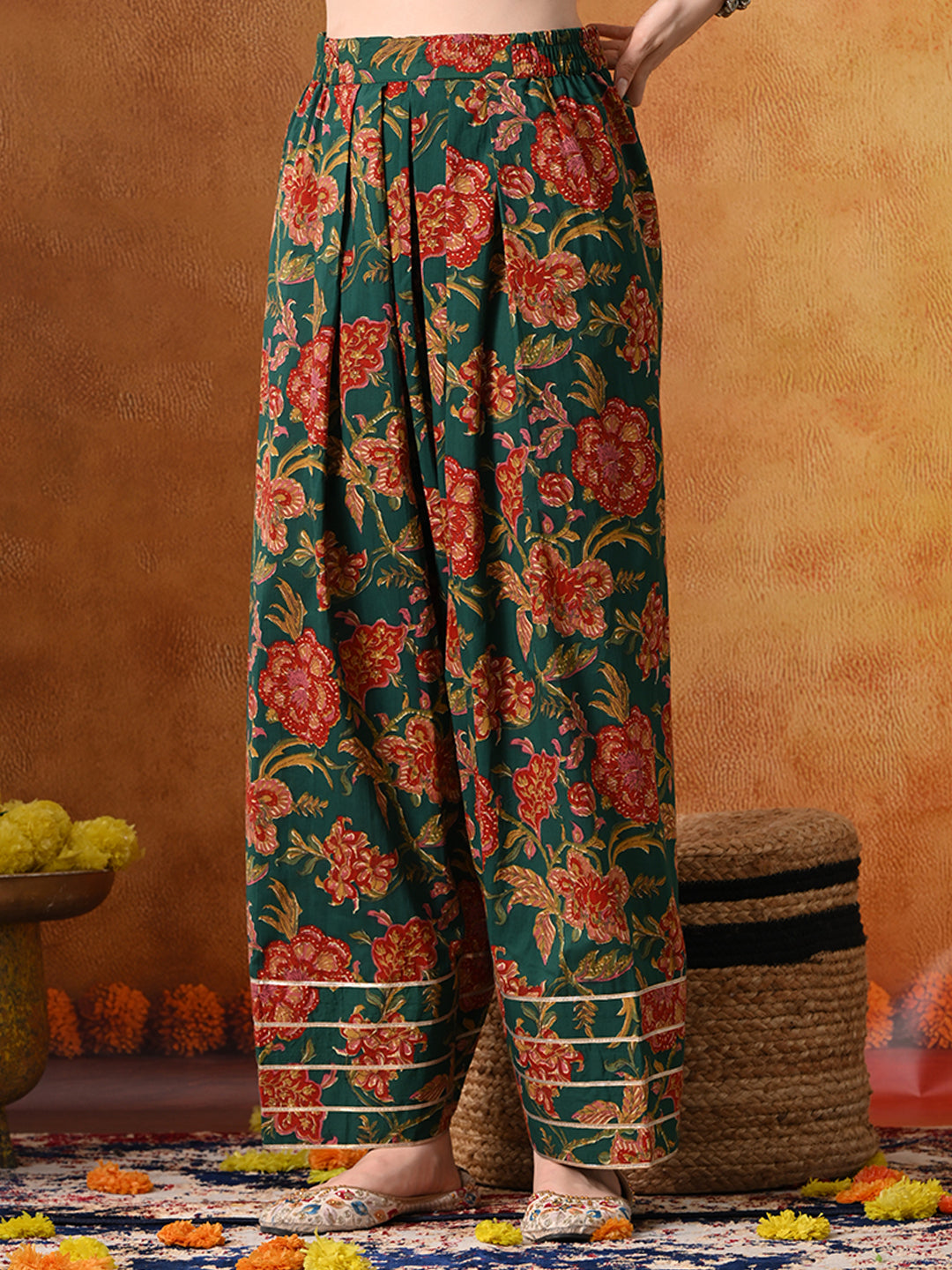 Forest Green & Red Floral Print Cotton Farshi Salwar Suit Set