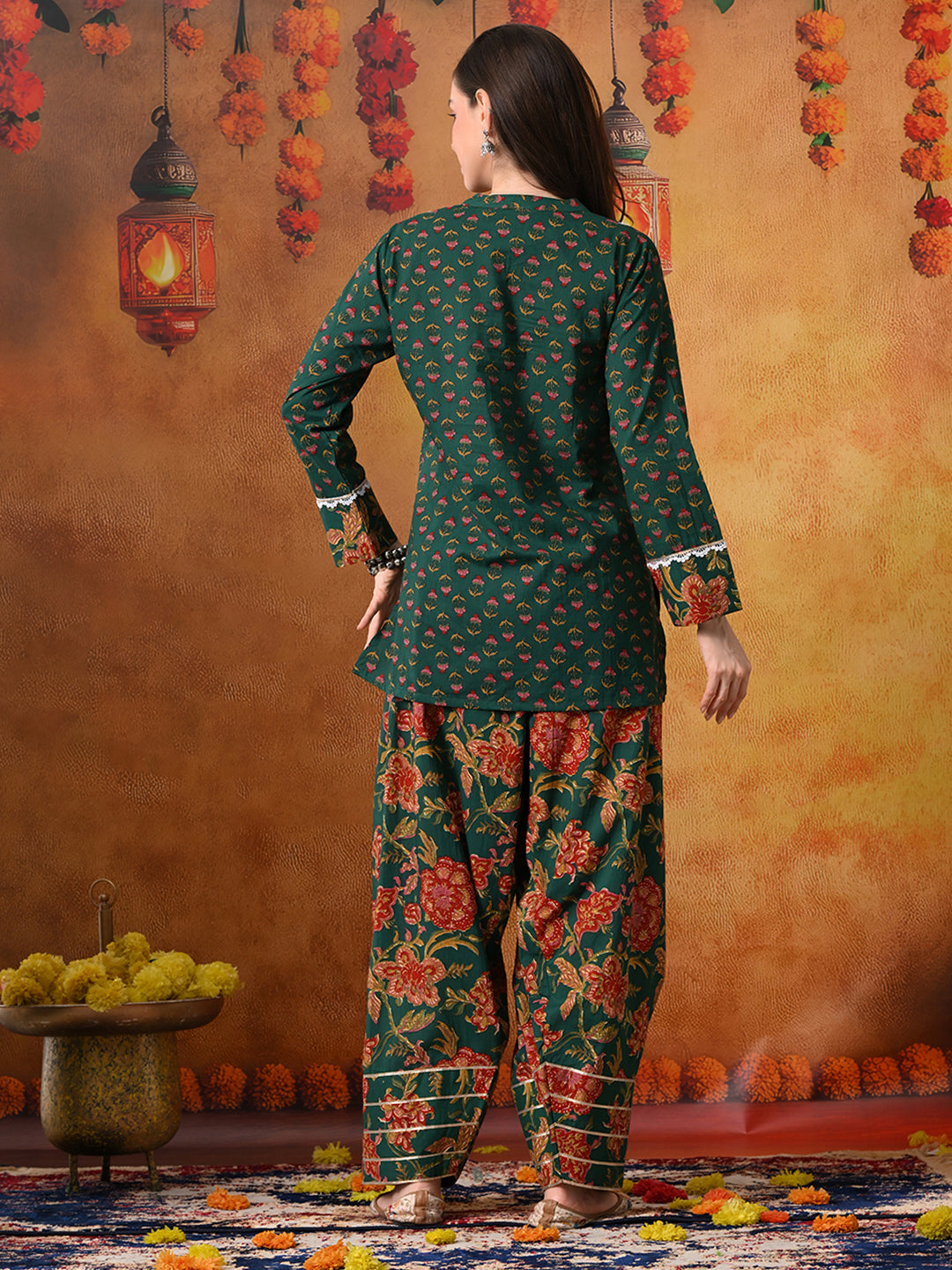 Forest Green & Red Floral Print Cotton Farshi Salwar Suit Set