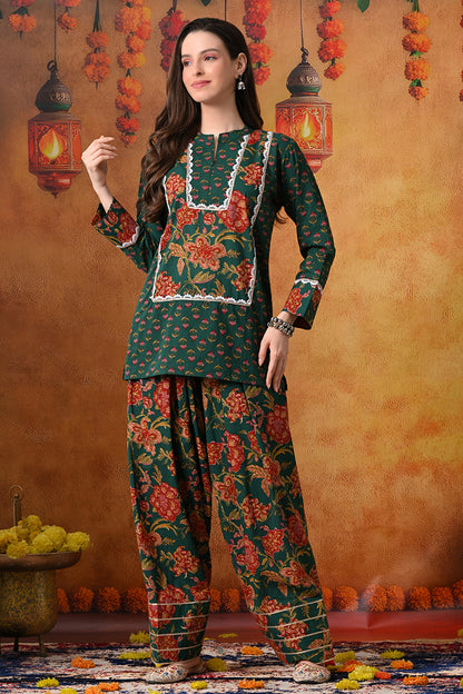 Forest Green & Red Floral Print Cotton Farshi Salwar Suit Set