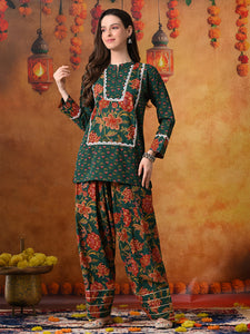 Forest Green & Red Floral Print Cotton Farshi Salwar Suit Set