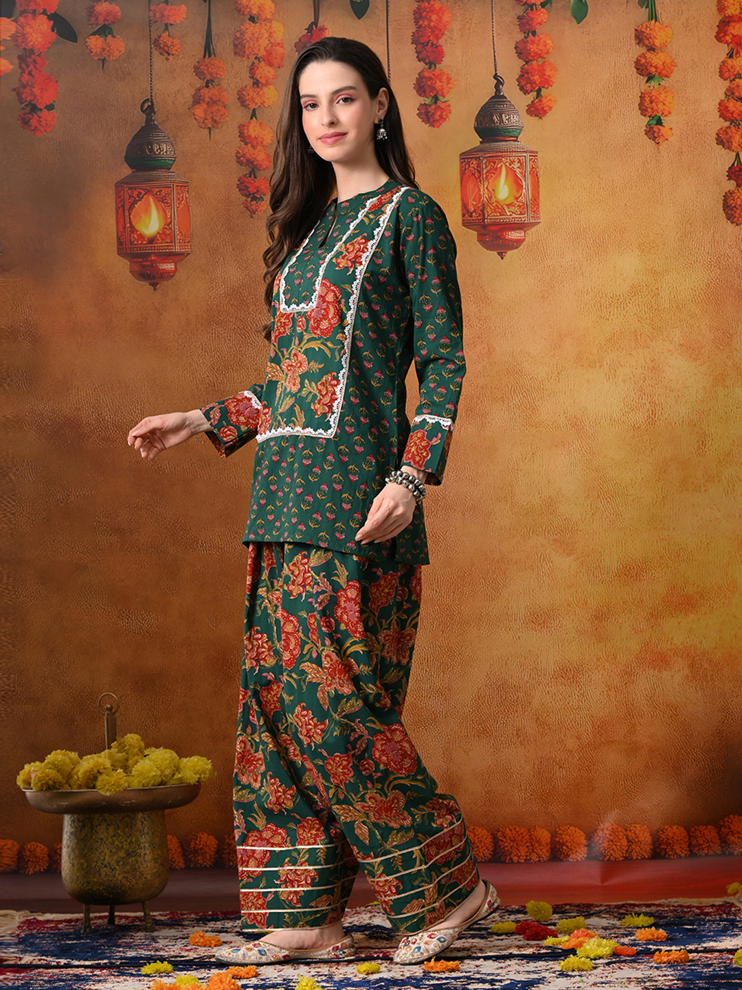 Forest Green & Red Floral Print Cotton Farshi Salwar Suit Set