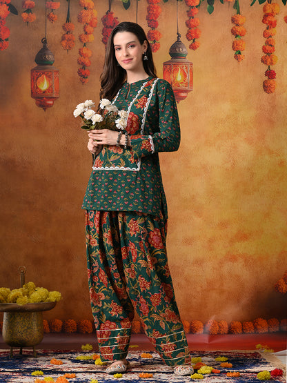 Forest Green & Red Floral Print Cotton Farshi Salwar Suit Set