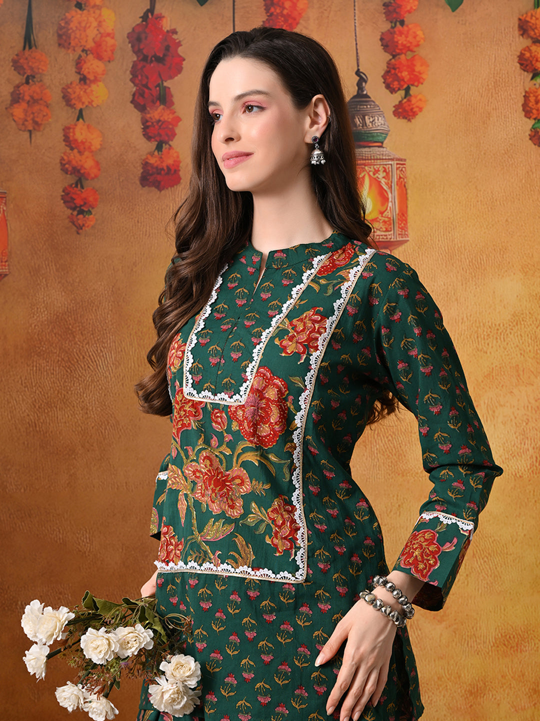 Forest Green & Red Floral Print Cotton Farshi Salwar Suit Set