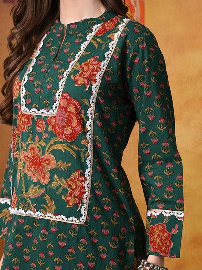 Forest Green & Red Floral Print Cotton Farshi Salwar Suit Set