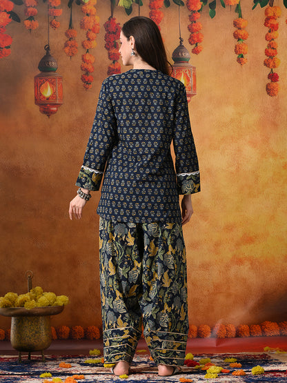 Midnight Blue & Gold Floral Print Cotton Farshi Salwar Suit Set