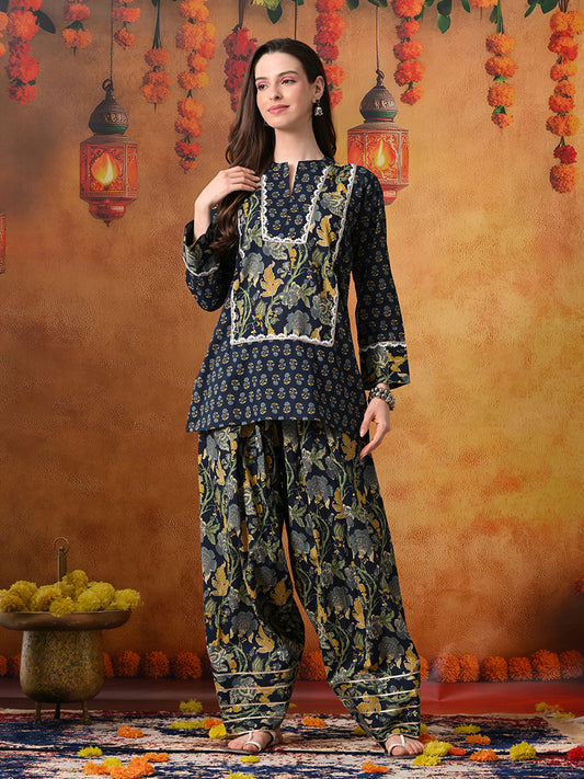 Midnight Blue & Gold Floral Print Cotton Farshi Salwar Suit Set