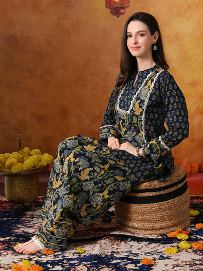 Midnight Blue & Gold Floral Print Cotton Farshi Salwar Suit Set
