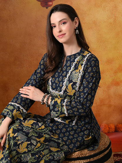 Midnight Blue & Gold Floral Print Cotton Farshi Salwar Suit Set