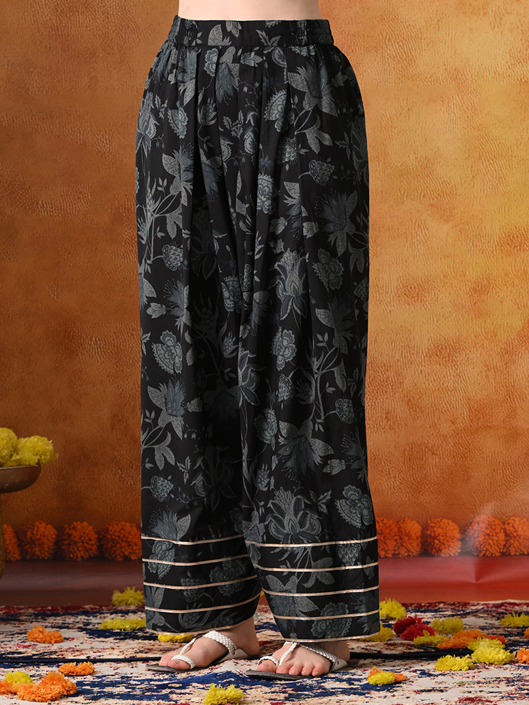 Black & Charcoal Floral Print Cotton Farshi Salwar Suit Set