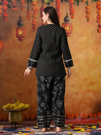 Black & Charcoal Floral Print Cotton Farshi Salwar Suit Set