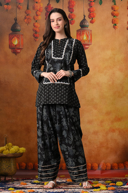 Black & Charcoal Floral Print Cotton Farshi Salwar Suit Set
