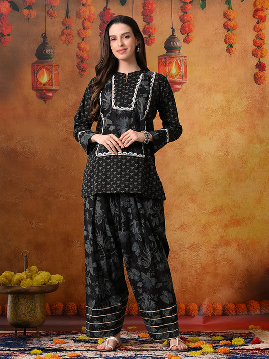 Black & Charcoal Floral Print Cotton Farshi Salwar Suit Set