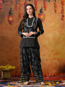 Black & Charcoal Floral Print Cotton Farshi Salwar Suit Set