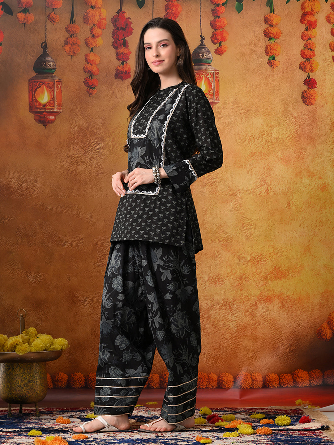 Black & Charcoal Floral Print Cotton Farshi Salwar Suit Set