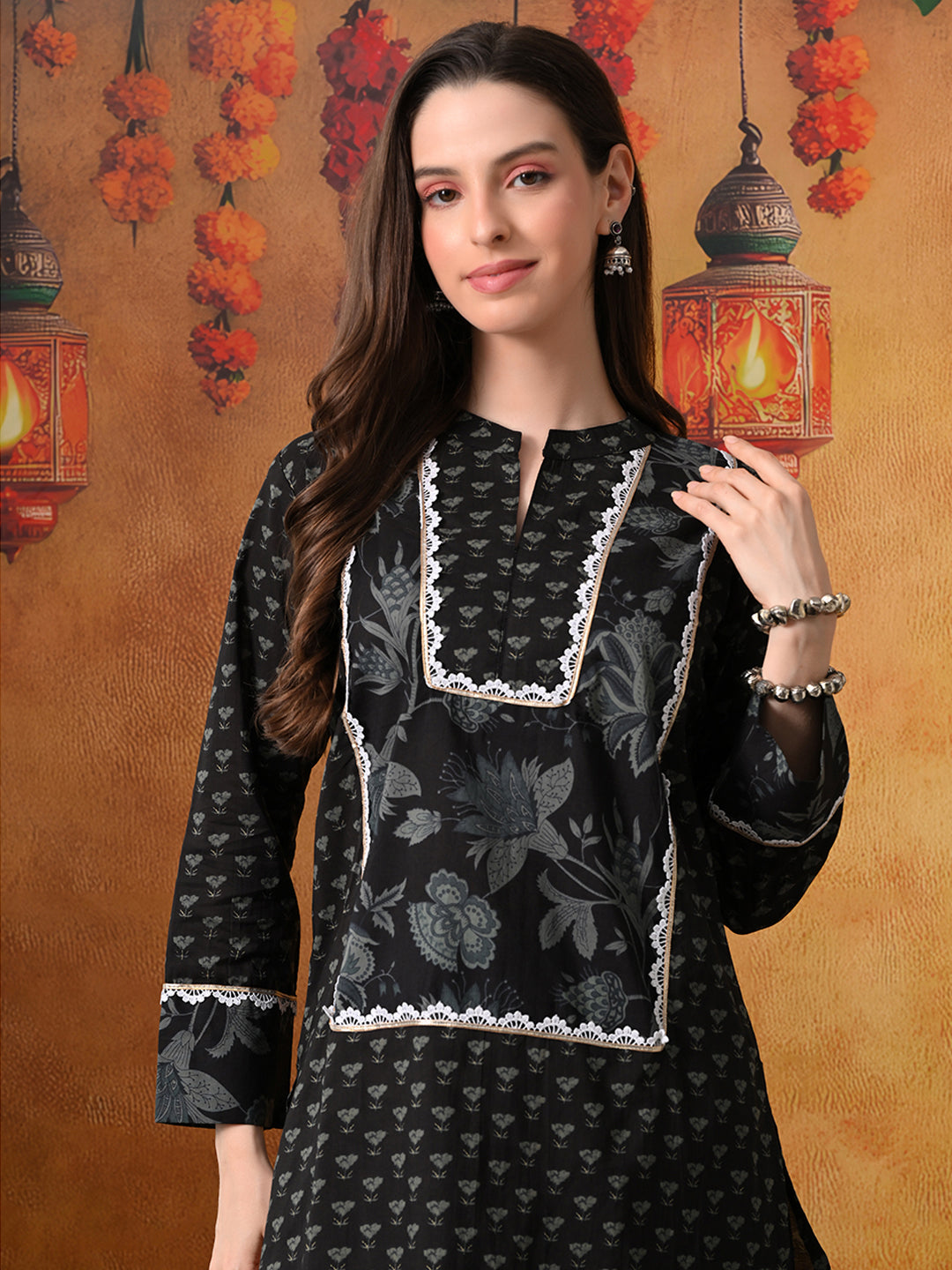 Black & Charcoal Floral Print Cotton Farshi Salwar Suit Set