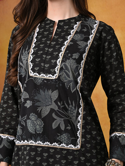 Black & Charcoal Floral Print Cotton Farshi Salwar Suit Set